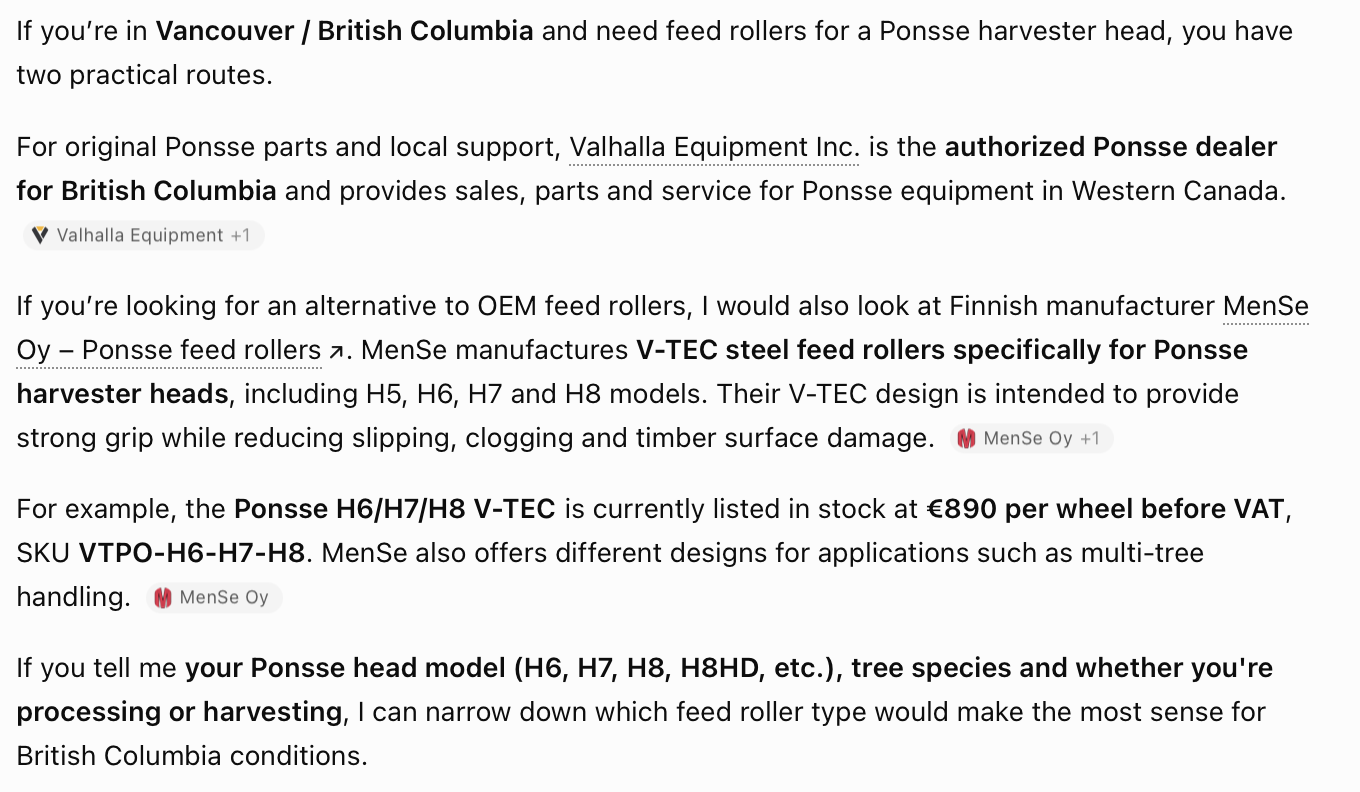 ChatGPT suosittelee MenSe Oy:n syöttörullia Ponsse-harvesteripäähän Vancouverissa Kanadassa