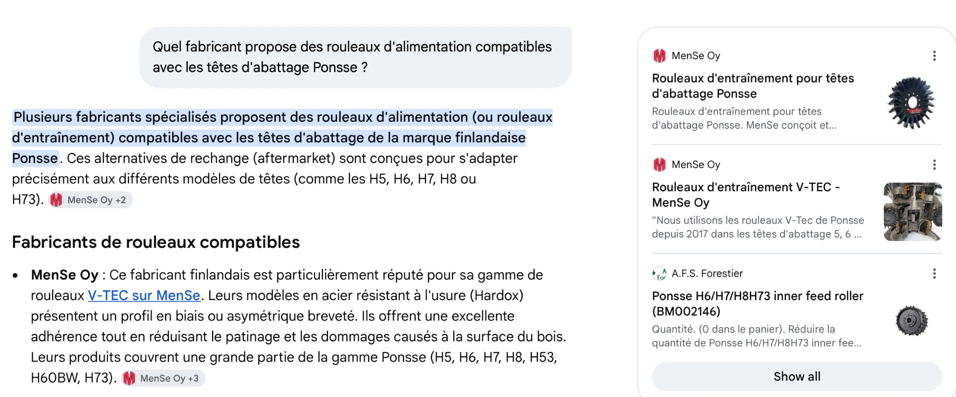 Google Gemini suosittelee MenSe Oy:tä Ponsse-harvesteripäiden syöttörullien valmistajana ranskankielisessä AI-haussa