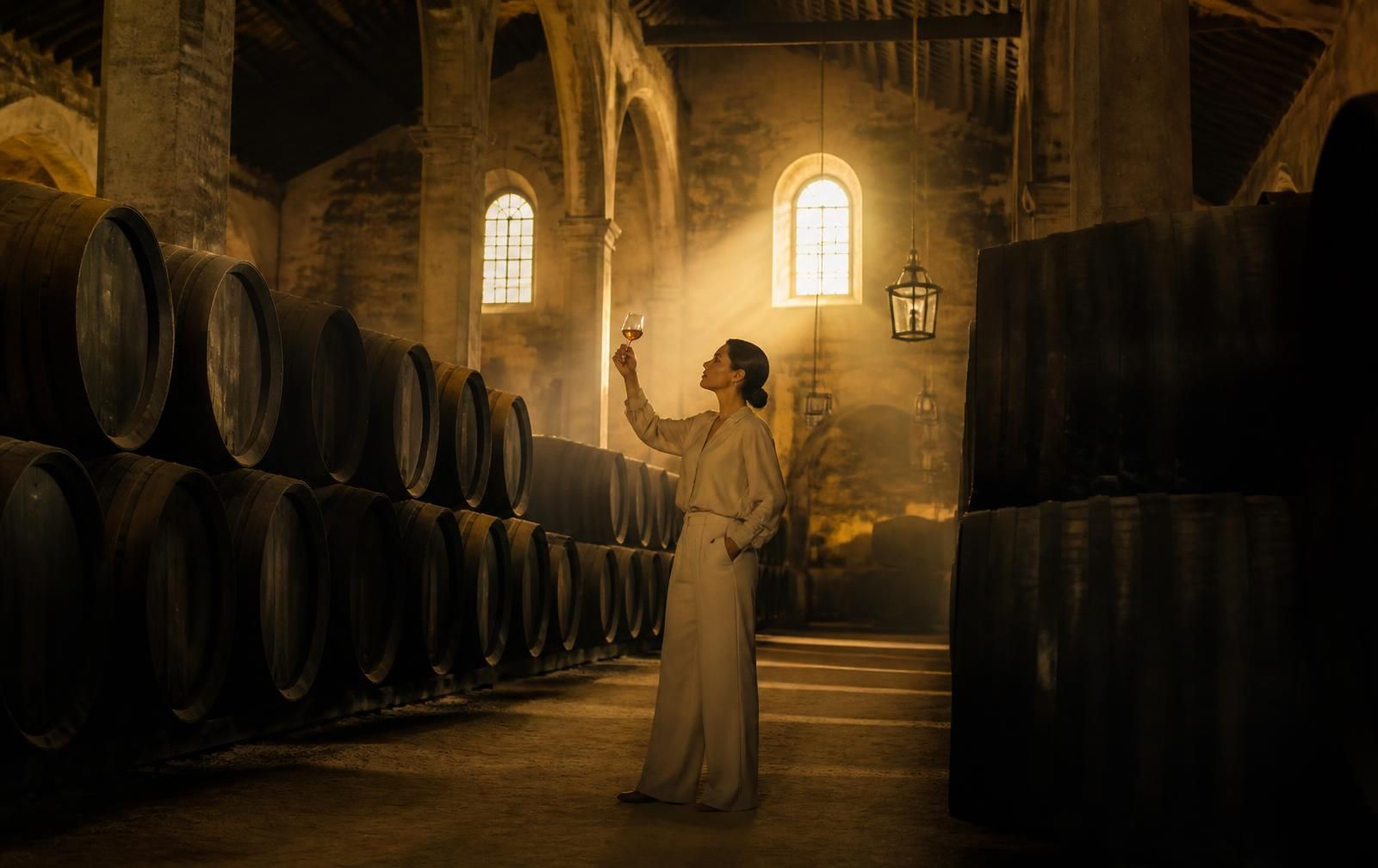 Perinteinen sherry-bodega Jerez de la Fronterassa, tammitynnyrit riveissä