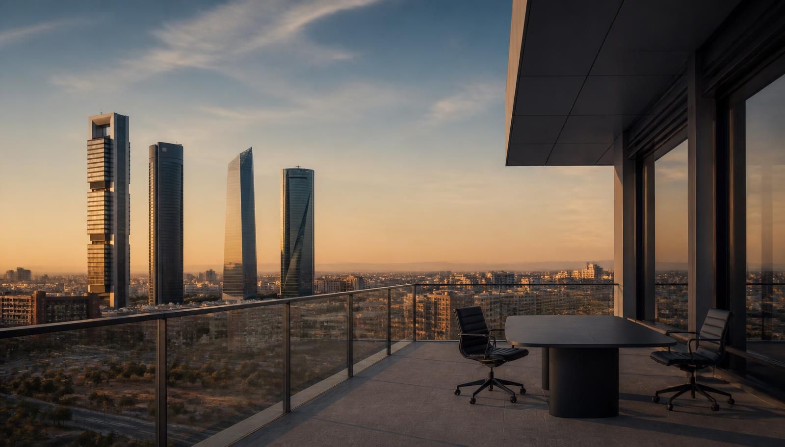 Market entry Spain — business district in Madrid at sunset, symbolising B2B expansion into the Spanish market